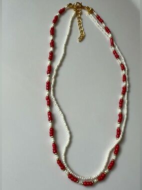 Delicate Double Strand Pearl & Red Bead Necklace by